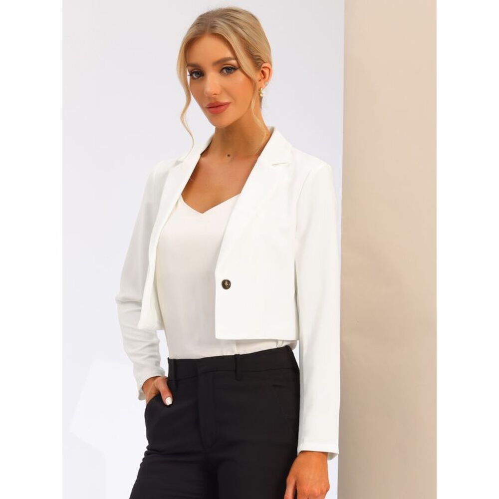 Lapel Collar Open Front Cardigan Cropped Blazer Jacket White - Picture 2 of 5